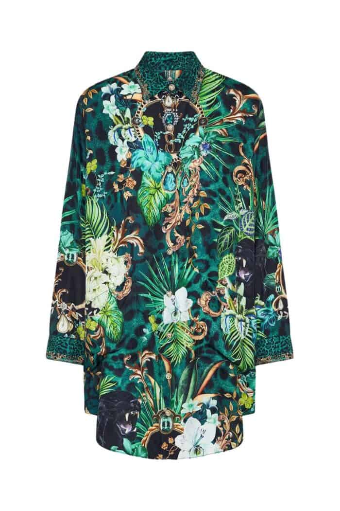 Front side of green floral print silk shirt from Camilla high summer 2023 Sing collection.
