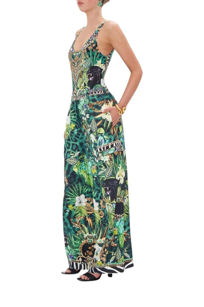 Side view of wide leg Utility Pants with pockets in vibrant green floral jungle print from Camilla high summer 2023 collection.