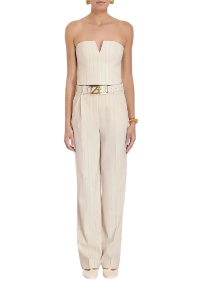 Zimmermann Luminosity pleat wool pant in white stripe pattern from Fall Winter Collection 2023.
