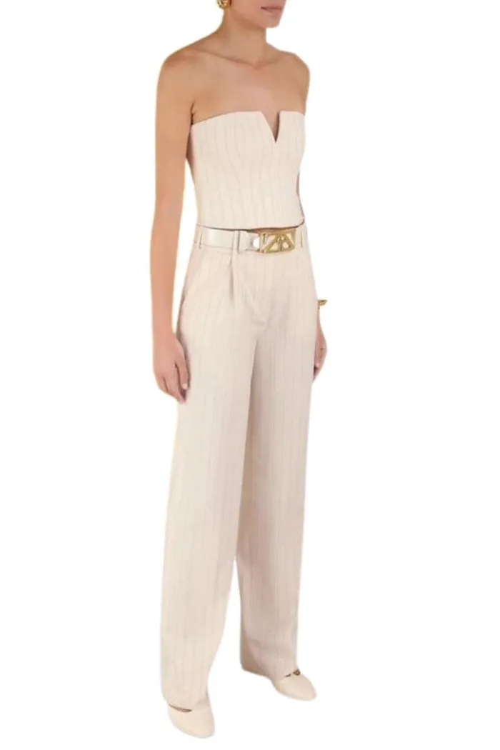 Zimmermann Luminosity pleat wool pant in white stripe pattern from Fall Winter Collection 2023.