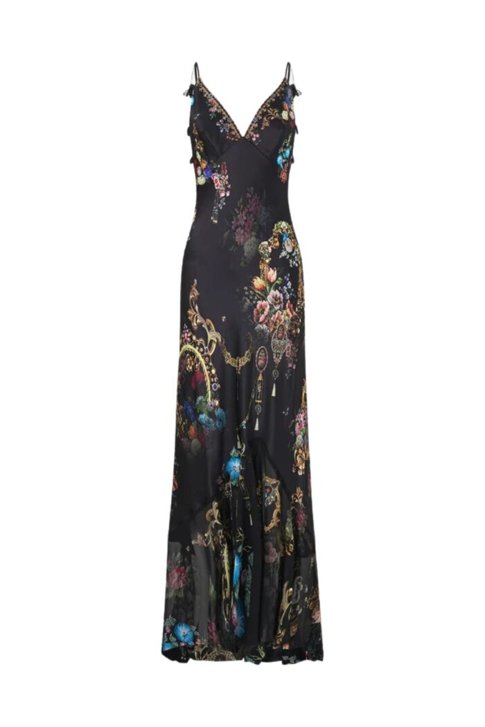 Camilla V neck Slip Dress w Hem NIGHT GARDEN ghost