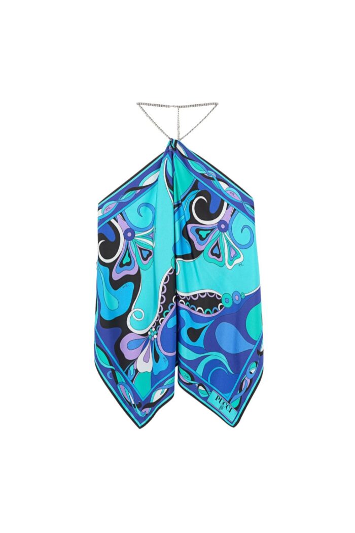 PUCCI Orchidee Print Chain Top Turquoise Blue ghost