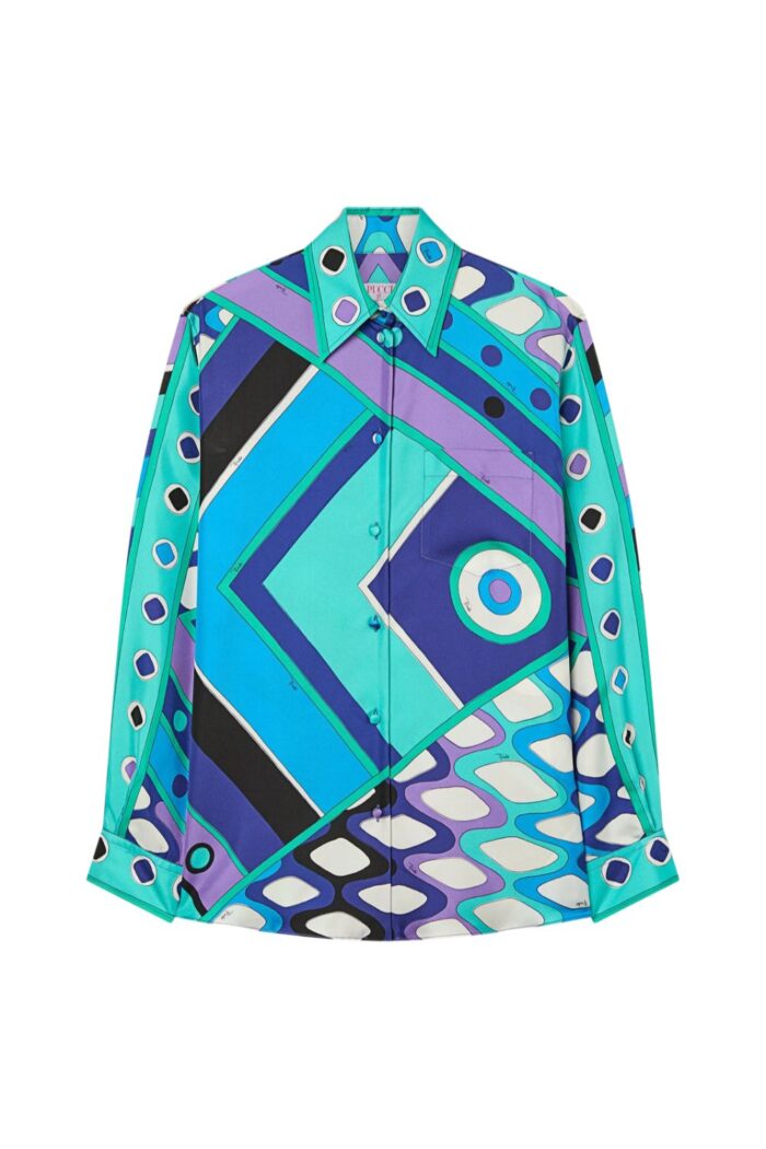 PUCCI Vivara Print Silk Shirt Turquoise Blue